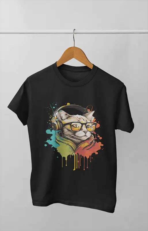 Girl Round Neck Half Sleeve Cat Glasses - 11Y / Black